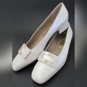 Vintage Salvatore Ferragamo White Leather Square-Toe Flats with Buckle Size 8